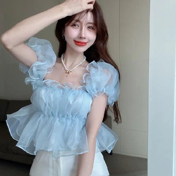 French Sweet One-Shoulder Chiffon Shirt 2025 Summer Chic And High-End Puff Sleeve Slimming Short Top - Image 1