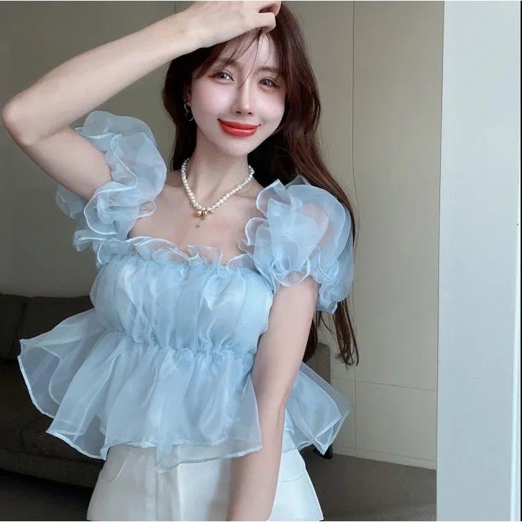 French Sweet One-Shoulder Chiffon Shirt 2025 Summer Chic And High-End Puff Sleeve Slimming Short Top - Image 4