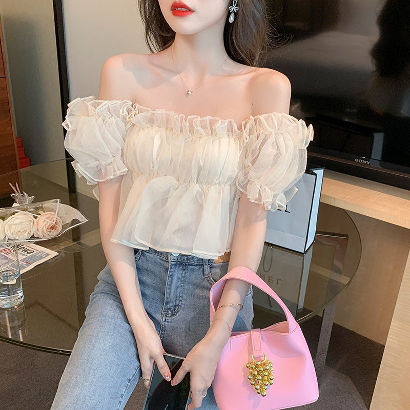 French Sweet One-Shoulder Chiffon Shirt 2025 Summer Chic And High-End Puff Sleeve Slimming Short Top - Image 3