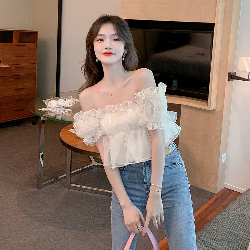 French Sweet One-Shoulder Chiffon Shirt 2025 Summer Chic And High-End Puff Sleeve Slimming Short Top - Image 2