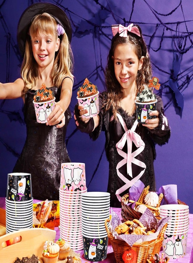 JarThenaAMCS 100Pcs Halloween Snack Cups Cute Cartoon Ghost Disposable Paper Bowls Pink Black Boo Decorative Ice Cream Dessert Soup Bowls for Party Decor Supplies Hot Cold Drinks - Image 4