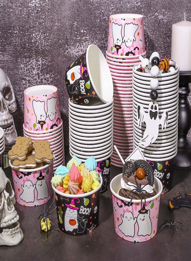 JarThenaAMCS 100Pcs Halloween Snack Cups Cute Cartoon Ghost Disposable Paper Bowls Pink Black Boo Decorative Ice Cream Dessert Soup Bowls for Party Decor Supplies Hot Cold Drinks - Image 5