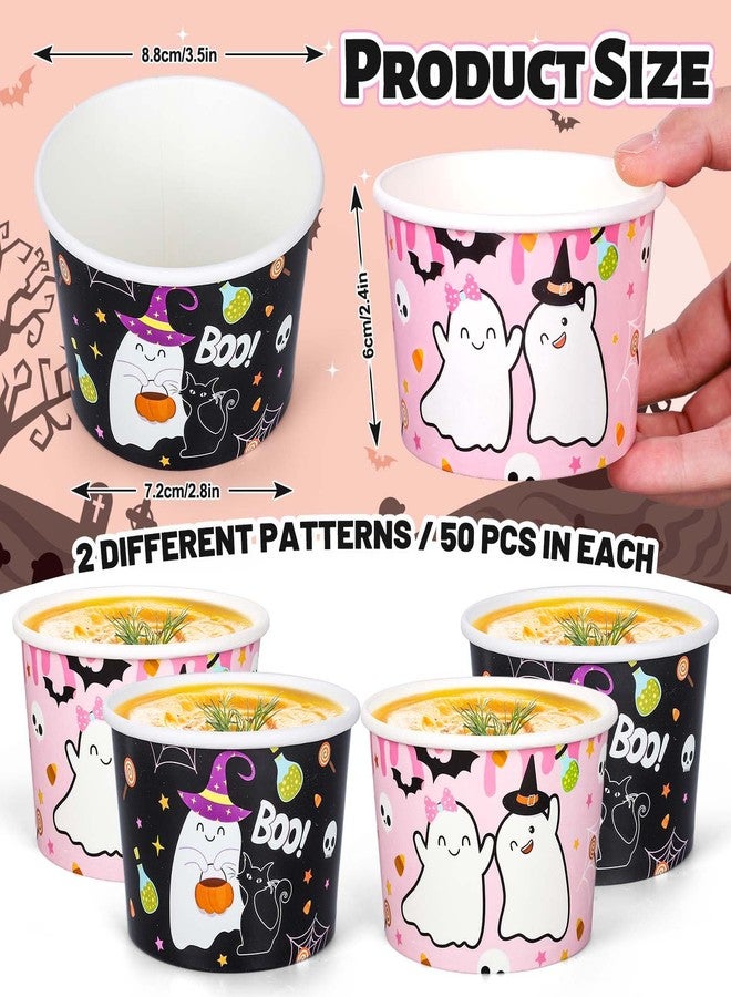 JarThenaAMCS 100Pcs Halloween Snack Cups Cute Cartoon Ghost Disposable Paper Bowls Pink Black Boo Decorative Ice Cream Dessert Soup Bowls for Party Decor Supplies Hot Cold Drinks - Image 2