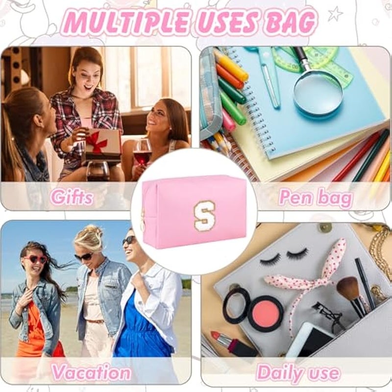 Patch Makeup Bag Travel Small Cosmetic Bag Pink PU Makeup Pouch Zippered Personalized Preppy Initial Skin Care Stuff Bag for Women Birthday Gift Teen Girl Gifts Trendy Stuff(S) - Image 3