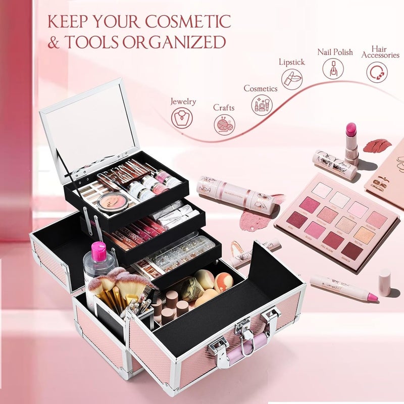 Joligrace Makeup Train Case Cosmetic Box 11.8 Inches Jewelry Organizer Professional 3 Tiers Trays with Mirror and Brush Holder Lockable Key Portable Travel Mermaid Pink - Image 4