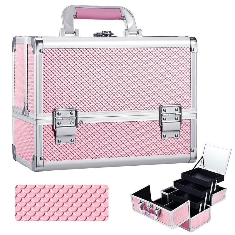 Joligrace Makeup Train Case Cosmetic Box 11.8 Inches Jewelry Organizer Professional 3 Tiers Trays with Mirror and Brush Holder Lockable Key Portable Travel Mermaid Pink - Image 1