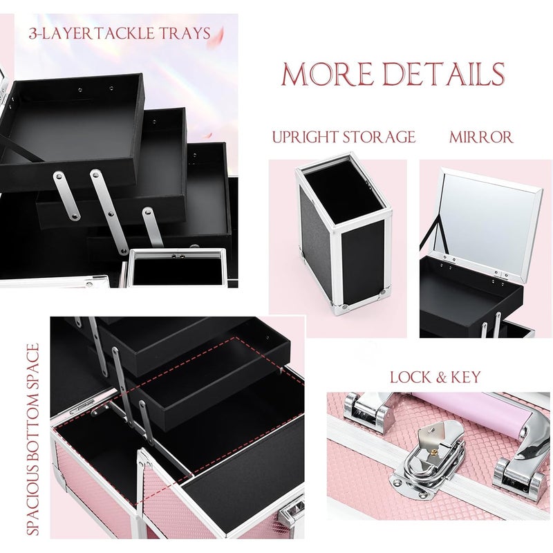 Joligrace Makeup Train Case Cosmetic Box 11.8 Inches Jewelry Organizer Professional 3 Tiers Trays with Mirror and Brush Holder Lockable Key Portable Travel Mermaid Pink - Image 5