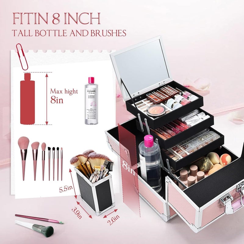 Joligrace Makeup Train Case Cosmetic Box 11.8 Inches Jewelry Organizer Professional 3 Tiers Trays with Mirror and Brush Holder Lockable Key Portable Travel Mermaid Pink - Image 2