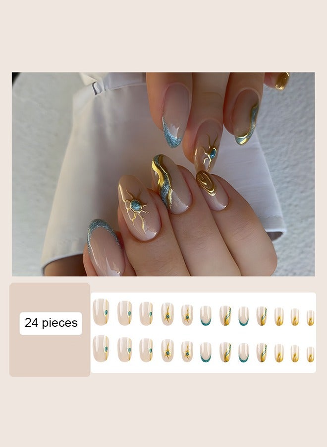 أظافر صناعية لامعة باللونين الأخضر والذهبي، وأظافر يمكن ارتداؤها، وملصقات أظافر يمكن ارتداؤها للتجارة الخارجية، وألواح أظافر أوروبية وأمريكية، ومنتجات تامة الصنع - Image 1