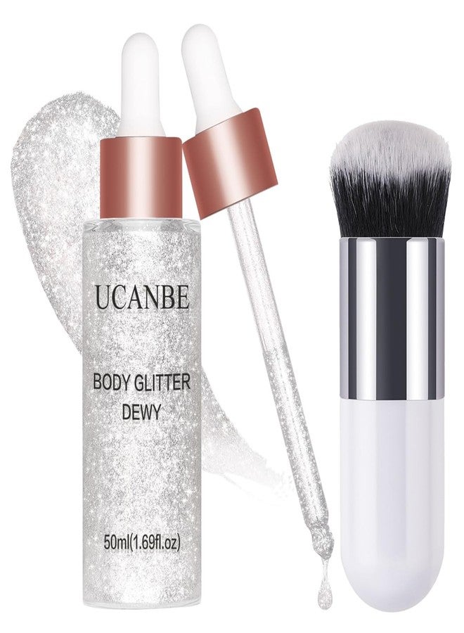 UCANBE Face Body Glitter Liquid Highlighter Illuminator Dewy Drops with Makeup Brush, Makeup Sparkle Shine Luminizer Enhancer Skin Body Shimmer Tint 50ml/1.69oz (02 Silver Fairy White, Standard) - Image 1