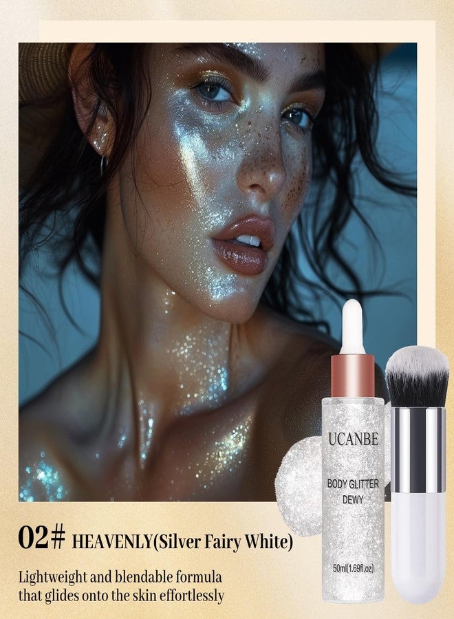 UCANBE Face Body Glitter Liquid Highlighter Illuminator Dewy Drops with Makeup Brush, Makeup Sparkle Shine Luminizer Enhancer Skin Body Shimmer Tint 50ml/1.69oz (02 Silver Fairy White, Standard) - Image 2