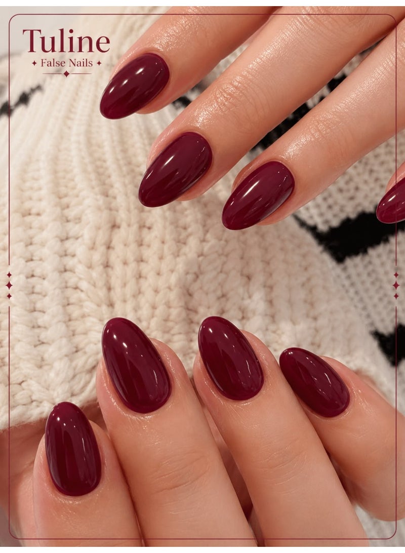 Tuline Almond shaped nails in burgundy color, 24 pieces - Image 1