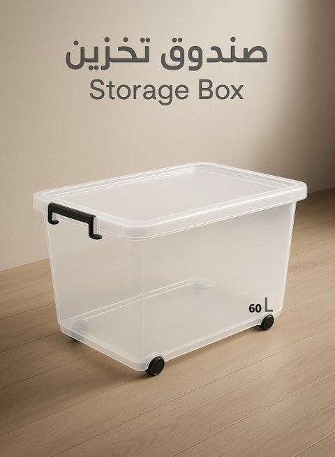 Multipurpose Clear Plastic Storage Box with Wheels and Lockable Lid 60L Clear/Black