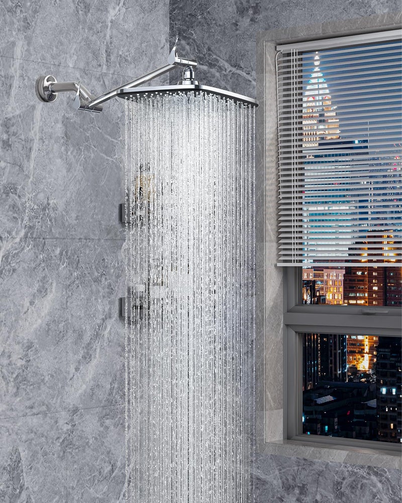 Veken 11.8" Rain Shower Head, Rectangular Rainfall Showerhead with 11" Stainless Steel Exension Arm, Height & Angle Decor Adjustable, High Pressure Shower Heads, Bathroom Accessories, Chrome - Image 1