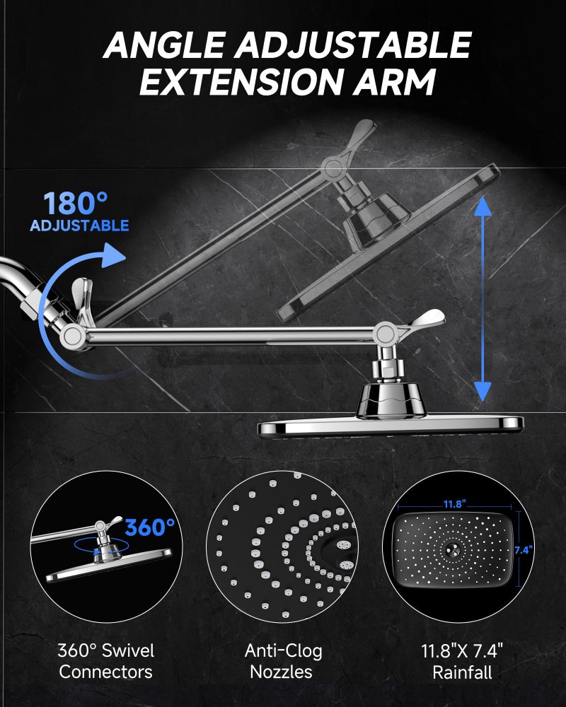 Veken 11.8" Rain Shower Head, Rectangular Rainfall Showerhead with 11" Stainless Steel Exension Arm, Height & Angle Decor Adjustable, High Pressure Shower Heads, Bathroom Accessories, Chrome - Image 3