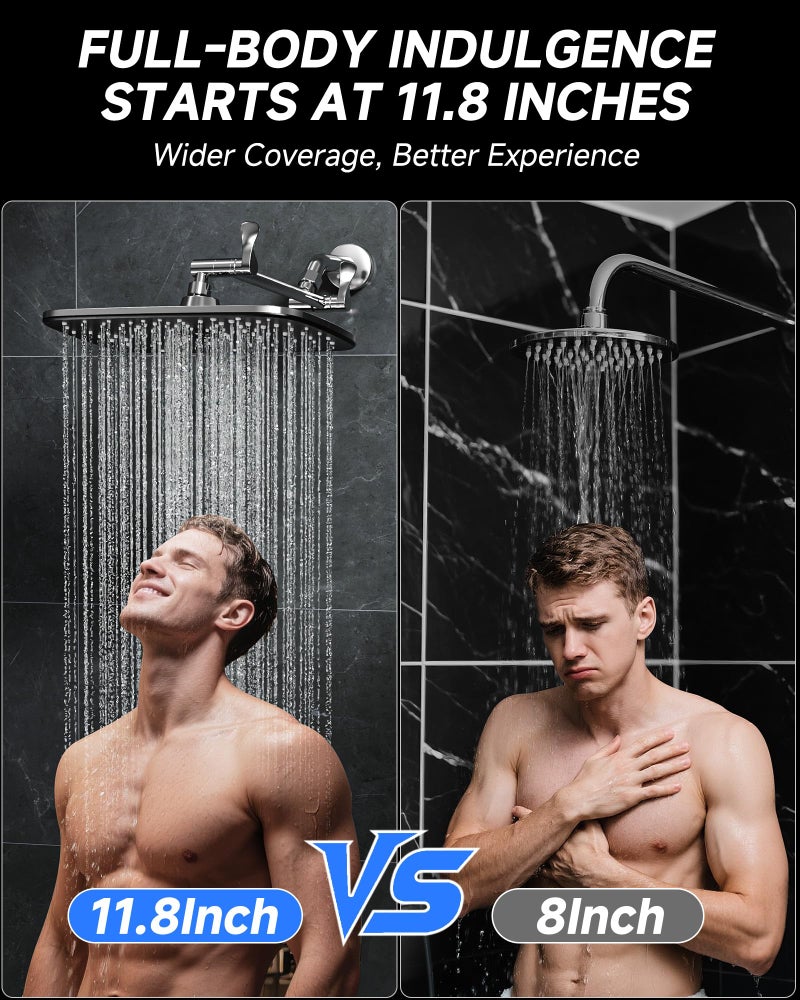 Veken 11.8" Rain Shower Head, Rectangular Rainfall Showerhead with 11" Stainless Steel Exension Arm, Height & Angle Decor Adjustable, High Pressure Shower Heads, Bathroom Accessories, Chrome - Image 2