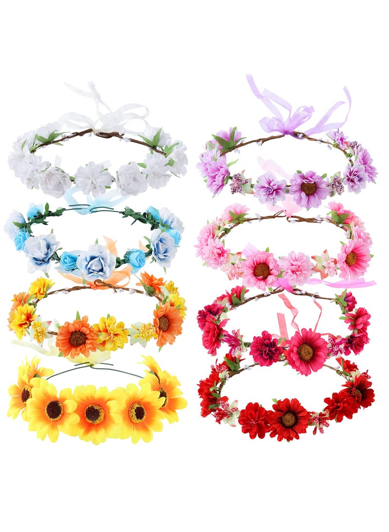 Cinaci Cinaci 8 Pack Boho Hawaiian Sunflower Daisy Rose Flower Crown Wreath Handmade Adjustable Headbands Tiara Garland Wedding Party Headpiece Accessories for Women Brides Bridemaids Girls Teens 
