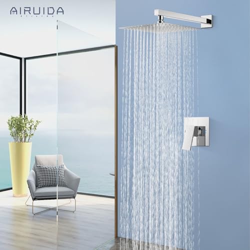Airuida Shower Faucet Set Bathroom Rain Shower System SUS304 Stainless Steel Single Handle With Male Threads Rough-in Valve Shower Trim Kit 12 Inch Wall Mount Shower Head Chrome Polish - Image 3
