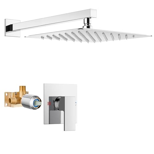 Airuida Shower Faucet Set Bathroom Rain Shower System SUS304 Stainless Steel Single Handle With Male Threads Rough-in Valve Shower Trim Kit 12 Inch Wall Mount Shower Head Chrome Polish - Image 1