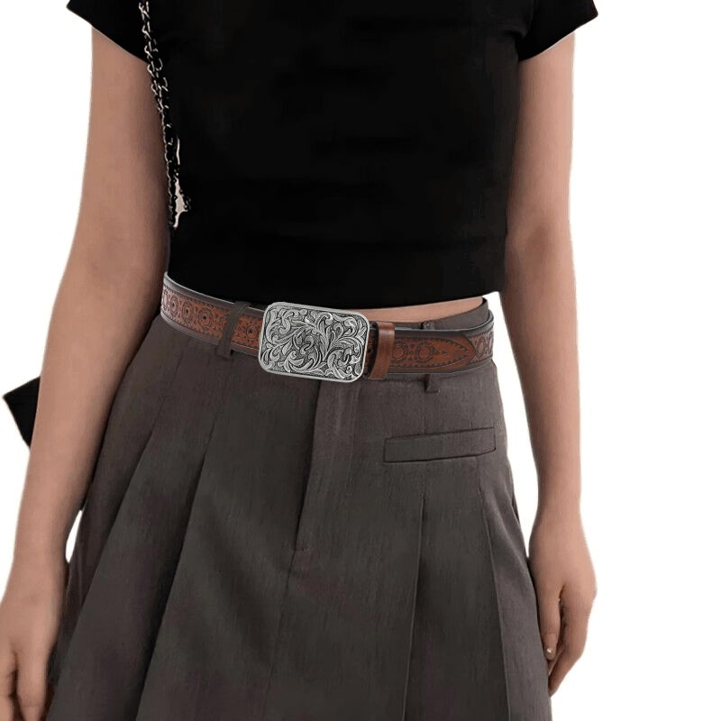 FGSS Western-Leather Belts for Women Classic Cowboy Cowgirl Embossed Belt with Floral Vintage Buckle for Jeans Pants - Image 2