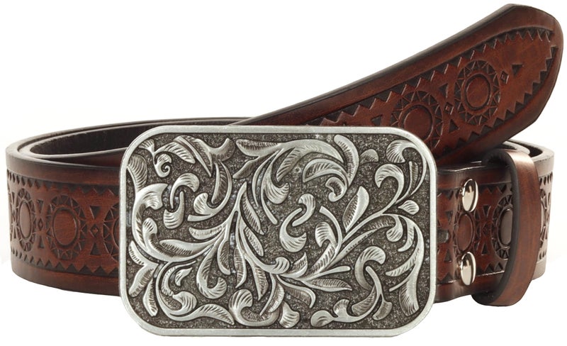 FGSS Western-Leather Belts for Women Classic Cowboy Cowgirl Embossed Belt with Floral Vintage Buckle for Jeans Pants - Image 1