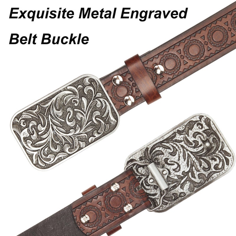 FGSS Western-Leather Belts for Women Classic Cowboy Cowgirl Embossed Belt with Floral Vintage Buckle for Jeans Pants - Image 4