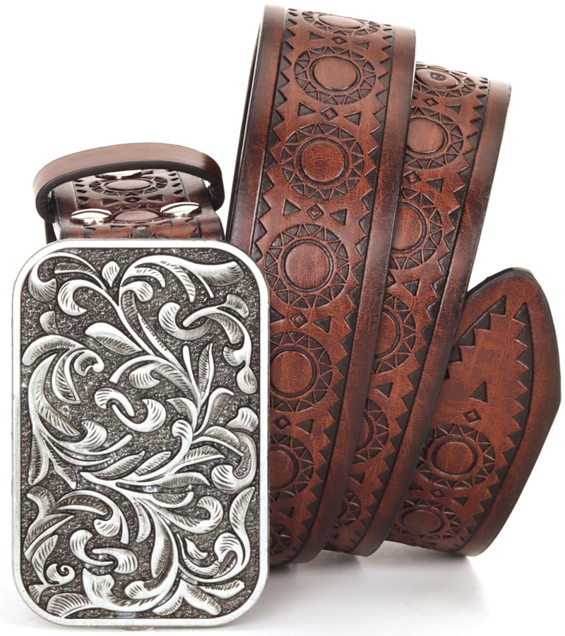 FGSS Western-Leather Belts for Women Classic Cowboy Cowgirl Embossed Belt with Floral Vintage Buckle for Jeans Pants - Image 3