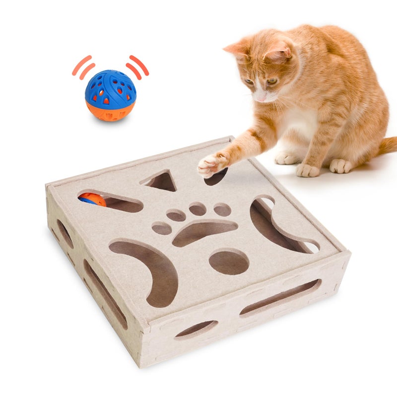 PETKARAY Felt Cat Puzzle Toy Interactive Cat Toys for Indoor Cats Interactive Maze for Kitten Felt Puzzle Box with Ball Beige - Image 2