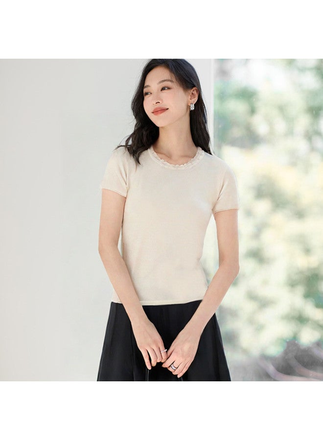 Hstyle بلوزة قصيرة الأكمام محبوكة بأطراف دانتيل أنيقة - تي شيرت مريح متعدد الاستخدامات نحيف للانتقال صيف 2025 - Image 5