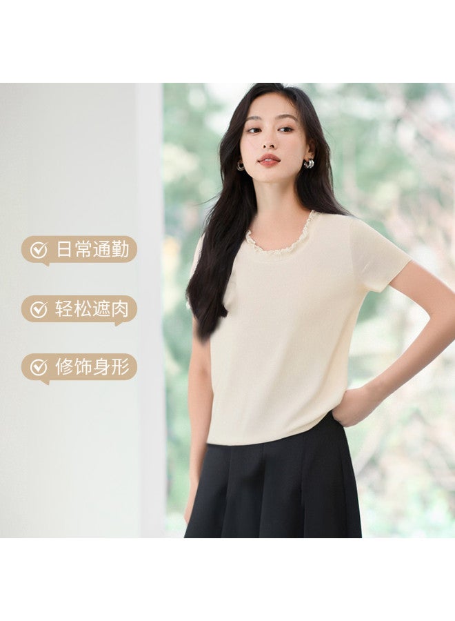Hstyle بلوزة قصيرة الأكمام محبوكة بأطراف دانتيل أنيقة - تي شيرت مريح متعدد الاستخدامات نحيف للانتقال صيف 2025 - Image 4