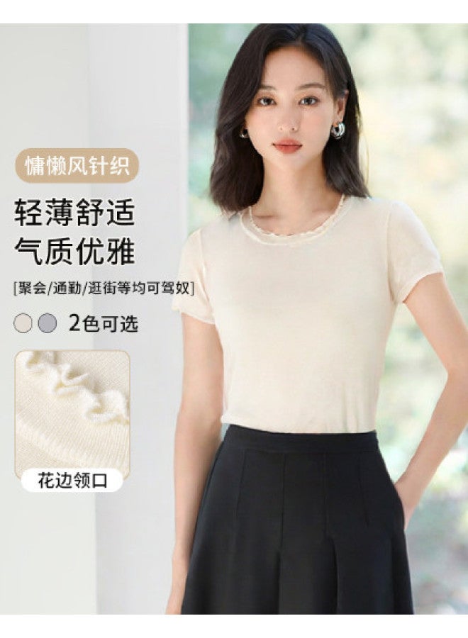 Hstyle بلوزة قصيرة الأكمام محبوكة بأطراف دانتيل أنيقة - تي شيرت مريح متعدد الاستخدامات نحيف للانتقال صيف 2025 - Image 1