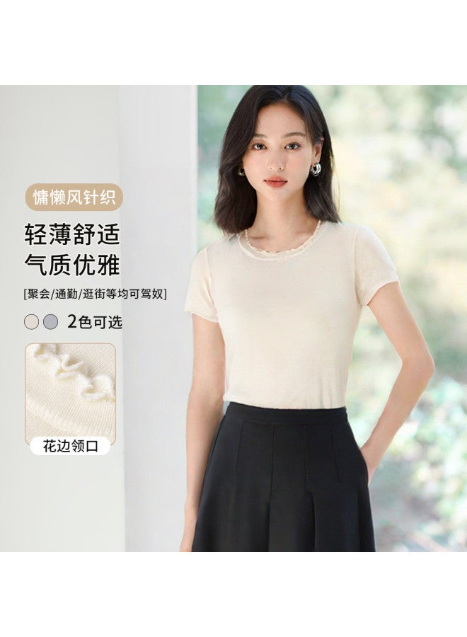 Hstyle بلوزة قصيرة الأكمام محبوكة بأطراف دانتيل أنيقة - تي شيرت مريح متعدد الاستخدامات نحيف للانتقال صيف 2025 - Image 2