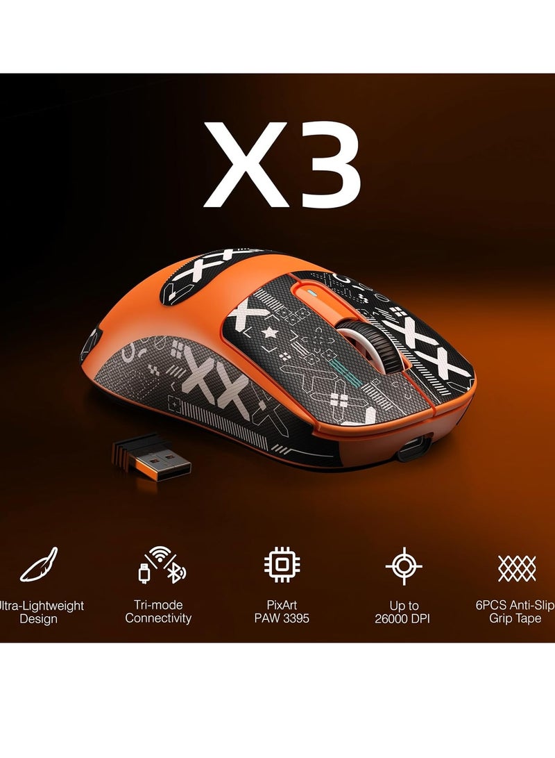 Attack Shark ماوس ألعاب لاسلكي خفيف الوزن X3 مع وضع ثلاثي 2.4G/USB-C سلكي/Bluetooth، 26K DPI، مستشعر بصري PAW3395، مفتاح Kailh GM8.0، 5 أزرار قابلة للبرمجة لجهاز الكمبيوتر/ويندوز/ماك (برتقالي + ملصقات) - Image 3