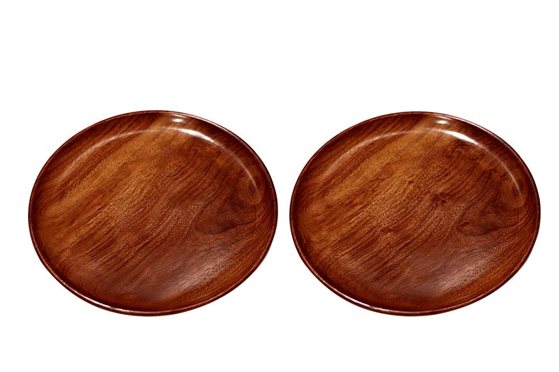 Woodiva Sheesham Wooden Round Serving Tray/Platter/Handcrafted Wooden Snack Plates for Dry Fruits, Sweets, Home & Kitchen Décor (8 Inch – Set of 2) - Image 1