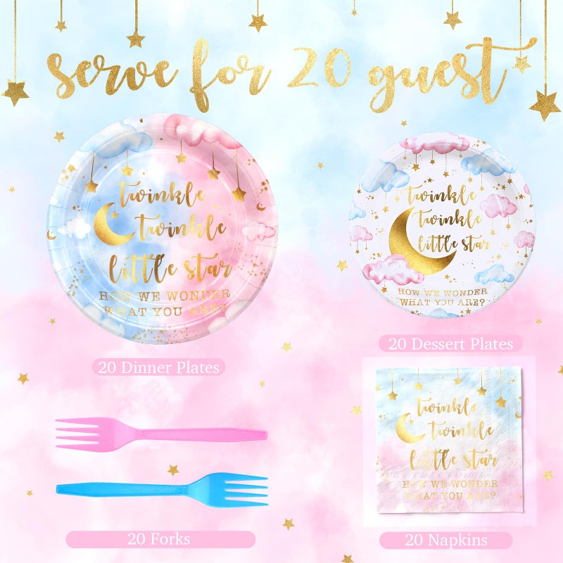 Celee Twinkle Twinkle Little Star Gender Reveal Party Supplies â€“ 80PCS Baby Shower Plates, Napkins, and Forks Set for 20 Guests â€“ Pink and Blue Boy or Girl Theme - Image 3