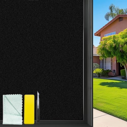 Bloss Blackout Window Film Privacy, 100% Sun Blocking Privacy Film for Glass, Removable Room Darkening Black Out Window Tint, Static Cling Frosted Glass Film (Black/Matte, 17.7" x 78.7") - Image 1