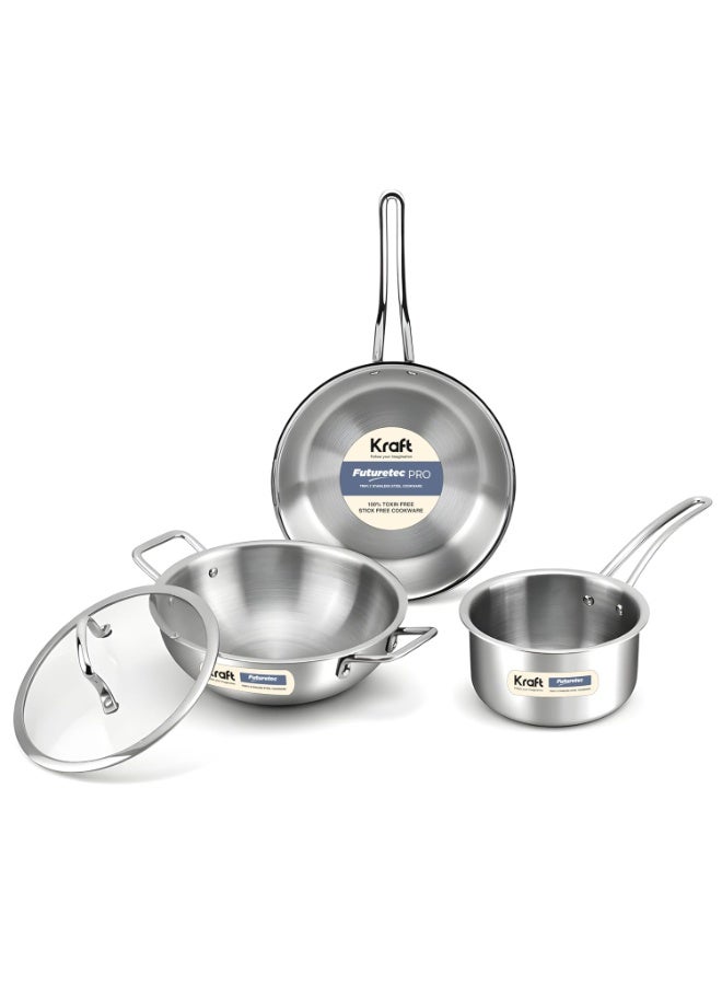 Kraft Futuretec 3-Piece Triply Stainless Steel Cookware Set Combo | 22cm Kadai with Glass Lid 2.4 L, 22cm Frypan 1.6 L, 14 cm Saucepan 1.2 L | Less Oil, Healthy Cooking | Gas & Induction Cookware - Image 1