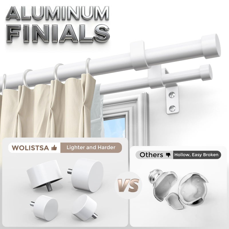 Wolistsa White Double Curtain Rod, 36 to 72 Inch Dual Curtain Rods with Aluminium Modern End Cap Finials, 1 Inch Adjustable Heavy Duty Window Treatment Rods, Telescopic Metal Double Drapery Pole Set - Image 2