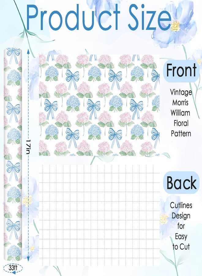 Fabllewavi 1 Roll Watercolor Hydrangea Bow Wrapping Paper Mini Roll - 17in x 32.8Ft Pastel Floral Bow Gift Wrap Paper for Spring Birthday DIY Crafts Baby Shower Party Supplies (A - Image 2