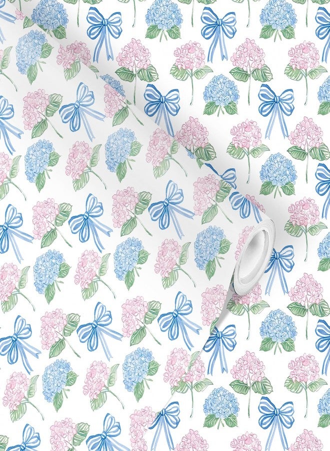 Fabllewavi 1 Roll Watercolor Hydrangea Bow Wrapping Paper Mini Roll - 17in x 32.8Ft Pastel Floral Bow Gift Wrap Paper for Spring Birthday DIY Crafts Baby Shower Party Supplies (A - Image 1