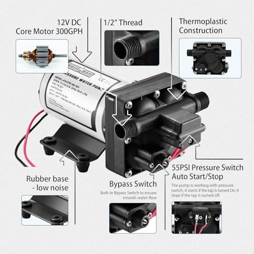 WASSERMANN RV Water Pump 12V DC, Self Priming Diaphragm 5.0 GPM 55 PSI, Water Pressure Pump with Pressure Switch, for RV Marine Yacht Lawn Garden - Image 5