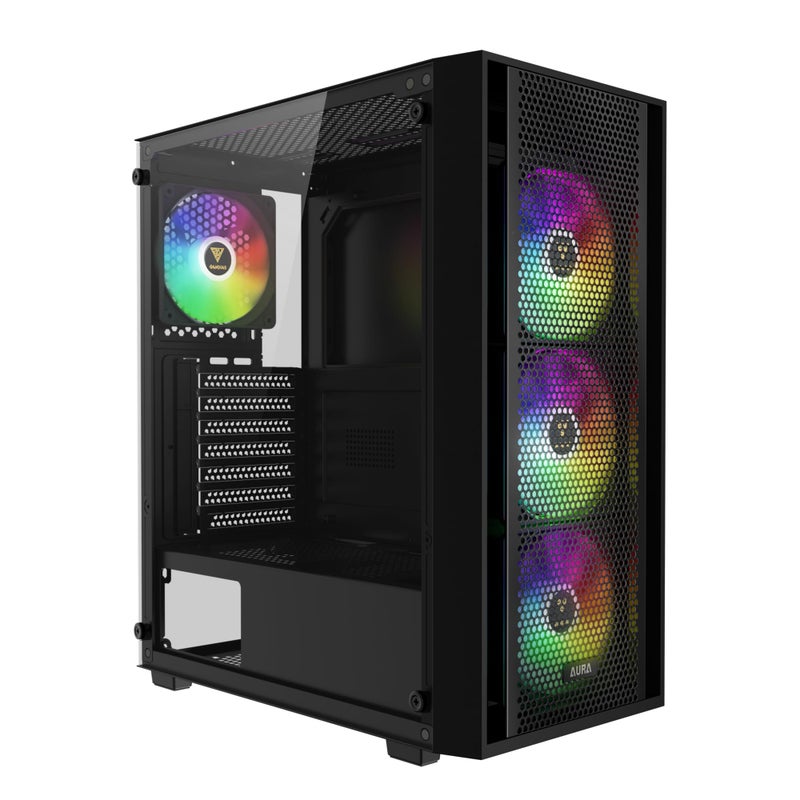GAMDIAS حافظة كمبيوتر GAMDIAS ATX متوسطة الحجم مع زجاج مقسى، 4 مراوح ARGB PWM بحجم 120 مم، حافظة ألعاب، تدعم حتى 6 مراوح بحجم 120 مم، 360 مم AIO/مبرد، 260 مم GPU/VGA، 160 مم مبرد هواء CPU - Image 1