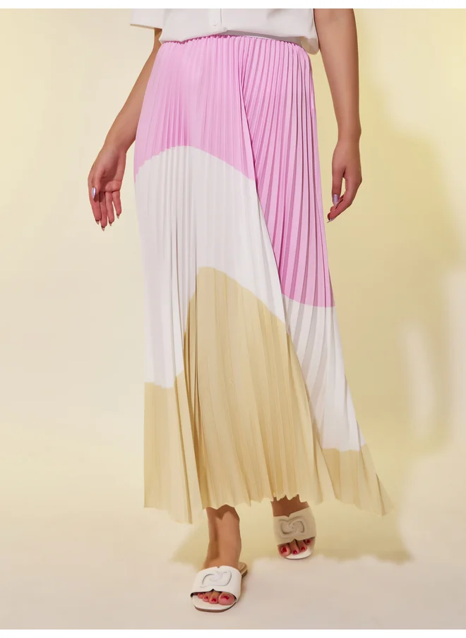 تايك تو Take Two Color Block Pleated A-Line Midi Skirt
