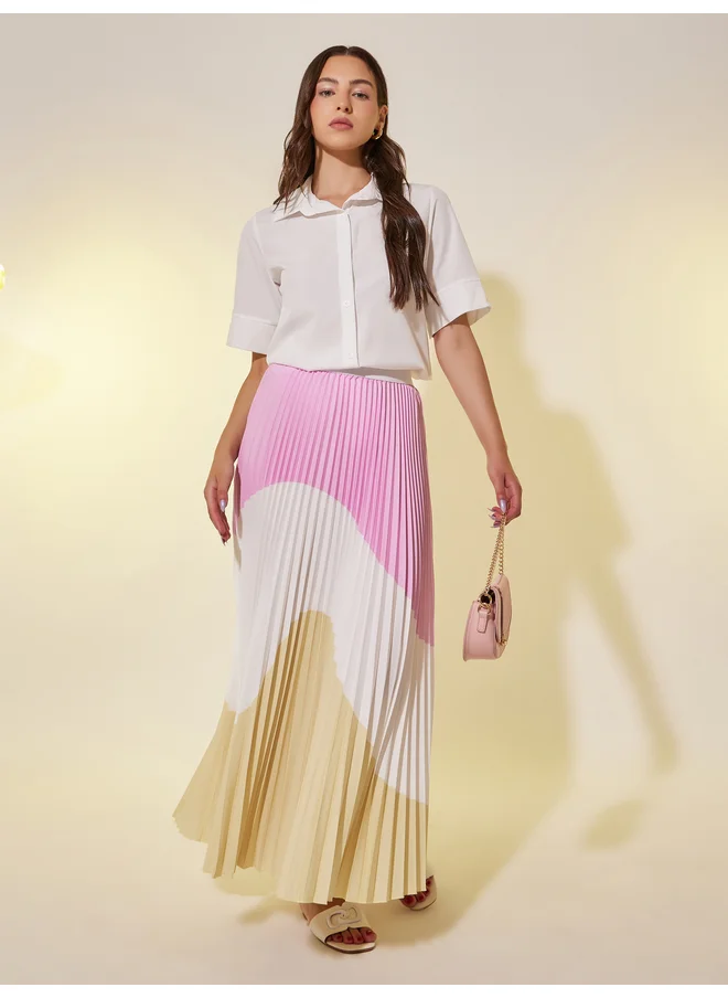 تايك تو Take Two Color Block Pleated A-Line Midi Skirt