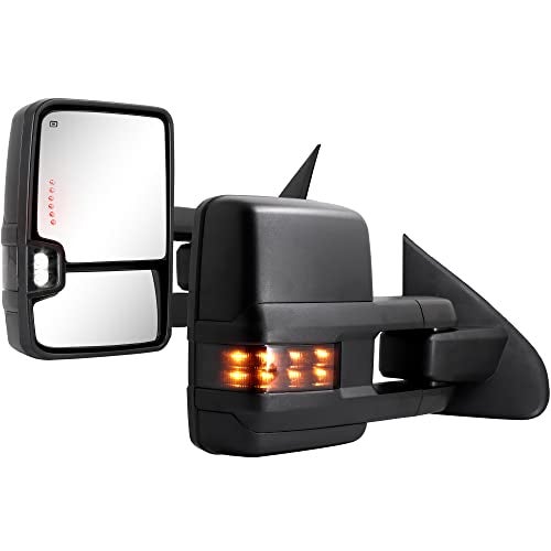 Sanooer Towing Mirrors Compatible with 2014 2015 2016 2017 2018 Chevy Silverado GMC Sierra 1500 2500 HD 3500 HD with Power Glass LED Arrow Turn Signal Backup Lamp Running Light Heated Extendable Pair Set - Image 1