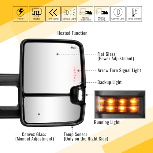 Sanooer Towing Mirrors Compatible with 2014 2015 2016 2017 2018 Chevy Silverado GMC Sierra 1500 2500 HD 3500 HD with Power Glass LED Arrow Turn Signal Backup Lamp Running Light Heated Extendable Pair Set - Image 2