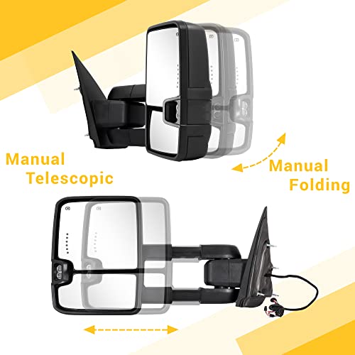 Sanooer Towing Mirrors Compatible with 2014 2015 2016 2017 2018 Chevy Silverado GMC Sierra 1500 2500 HD 3500 HD with Power Glass LED Arrow Turn Signal Backup Lamp Running Light Heated Extendable Pair Set - Image 3