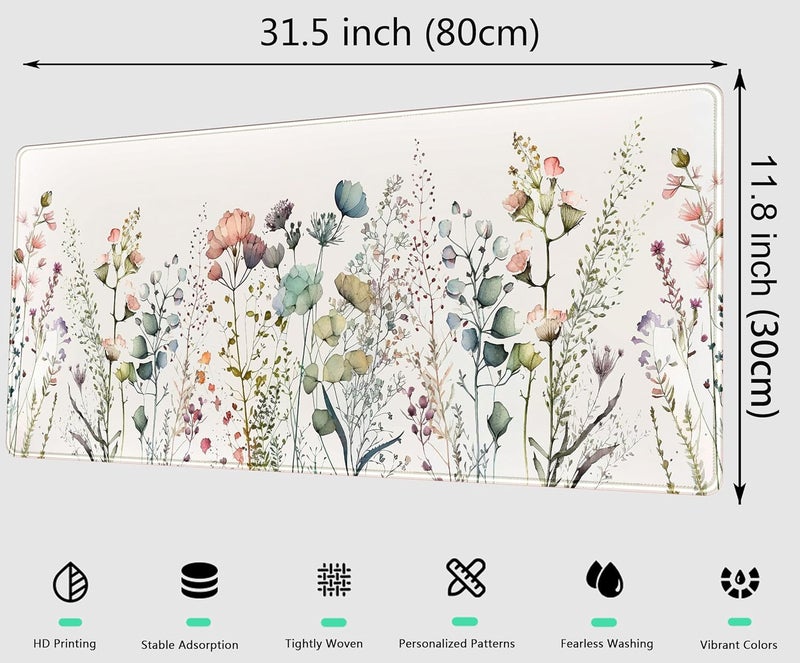 DCJJM Cute Wild Flower Desk Mat, Boho Aesthetic XL Large Extended Gaming Mouse Pad Desk Pad with Stitched Edges 31.5x11.8 in, Computer Laptop Mousepad Keyboard and Mouse Mat for Women Office Desk Decor - Image 2