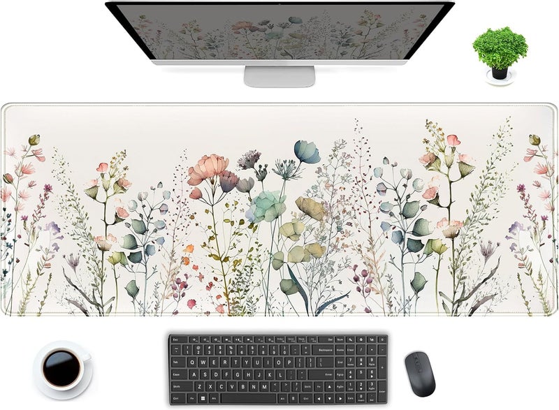DCJJM Cute Wild Flower Desk Mat, Boho Aesthetic XL Large Extended Gaming Mouse Pad Desk Pad with Stitched Edges 31.5x11.8 in, Computer Laptop Mousepad Keyboard and Mouse Mat for Women Office Desk Decor - Image 1