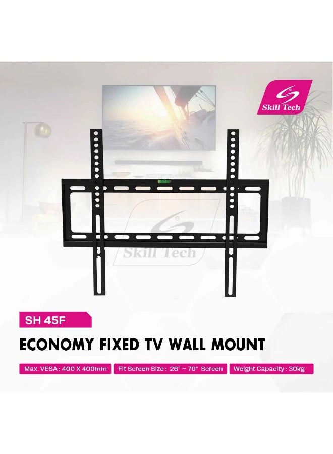 سكيل تك حامل تلفزيون جداري ثابت Skilltech SH 45F لشاشات LED/LCD بمقاس 26-70 بوصة، متوافق مع معيار VESA 400x400، تصميم نحيف (بروز 30 مم)، أقصى حمولة 30 كجم – السلسلة الاقتصادية، لون أسود. - Image 2
